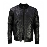 BLACK LAMBSKIN LEATHER QUILTED VARSITY JACKET 